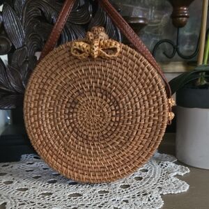 SO Woven Round Crossbody Bag - Brown